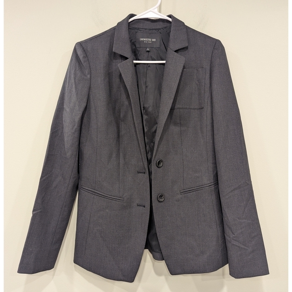 Lafayette 148 New York Grey Wool Blend Two Button Closure Blazer Size 4